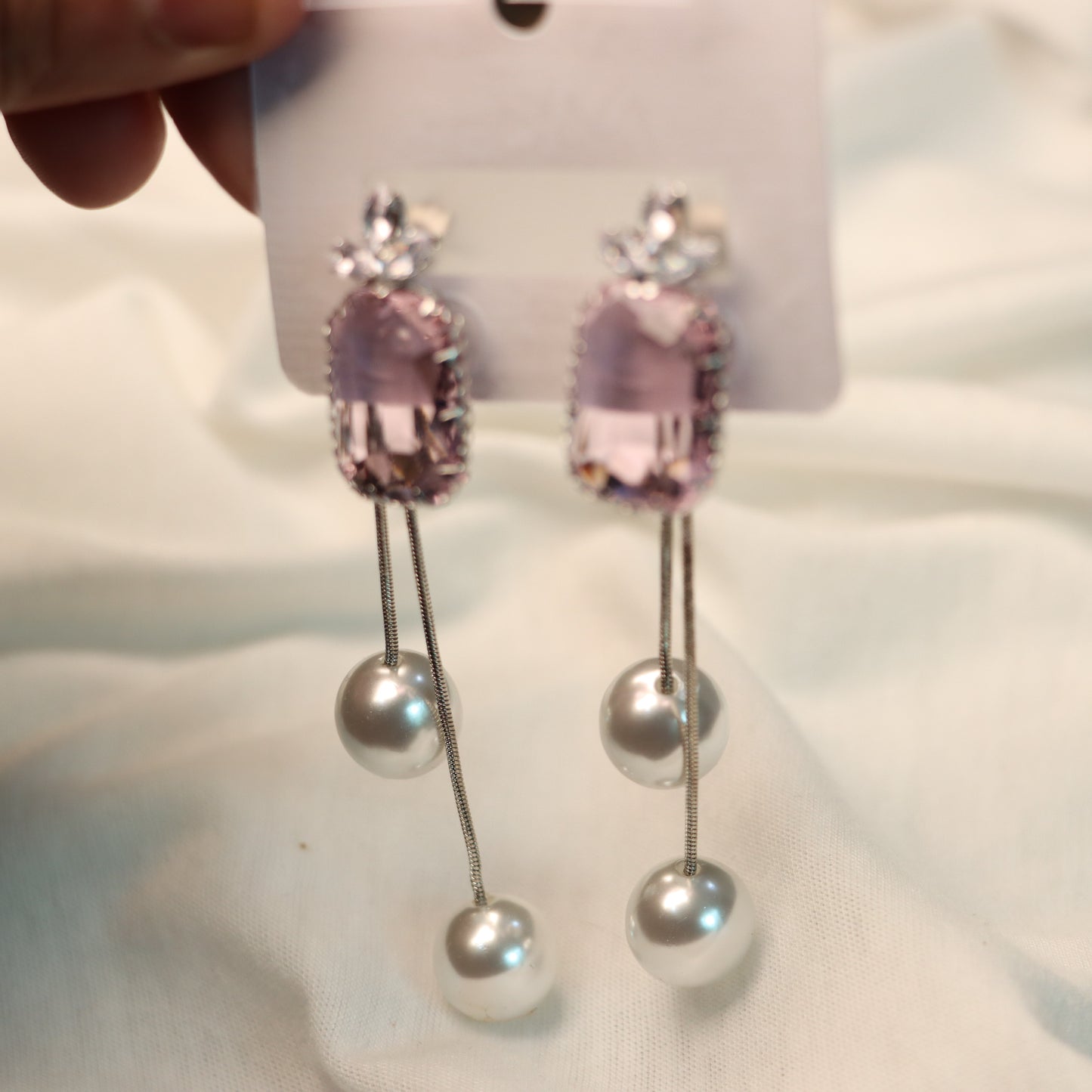 Pink Stone Cut with White Pearl Earrings