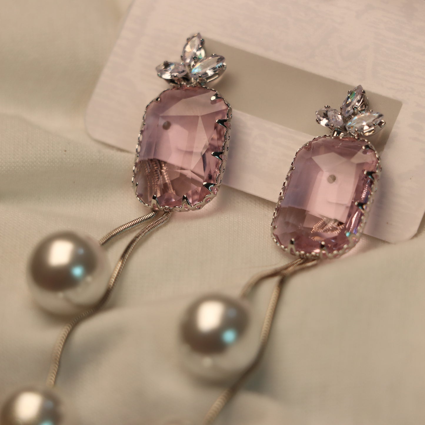 Pink Stone Cut with White Pearl Earrings
