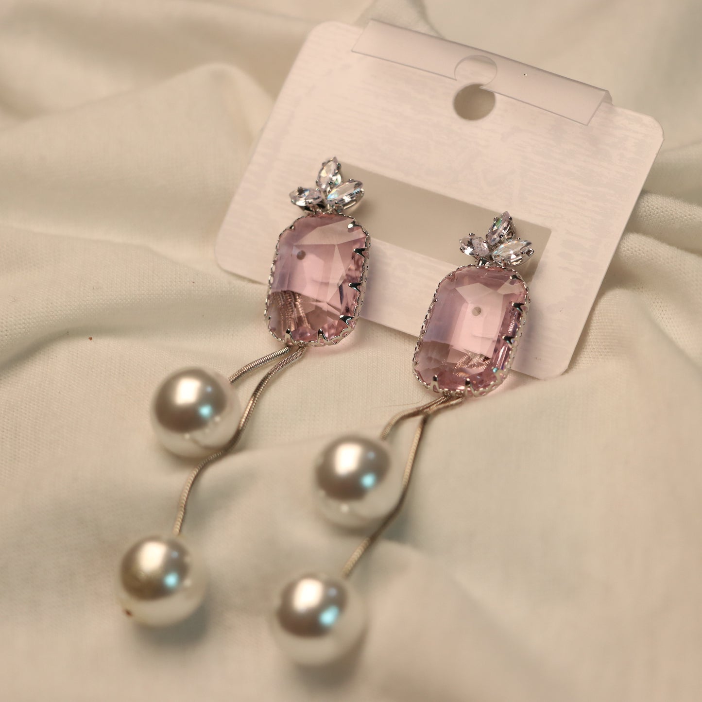 Pink Stone Cut with White Pearl Earrings