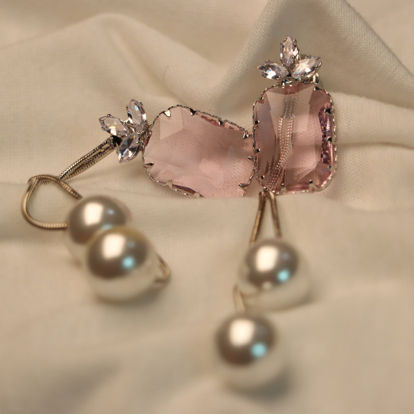 Pink Stone Cut with White Pearl Earrings