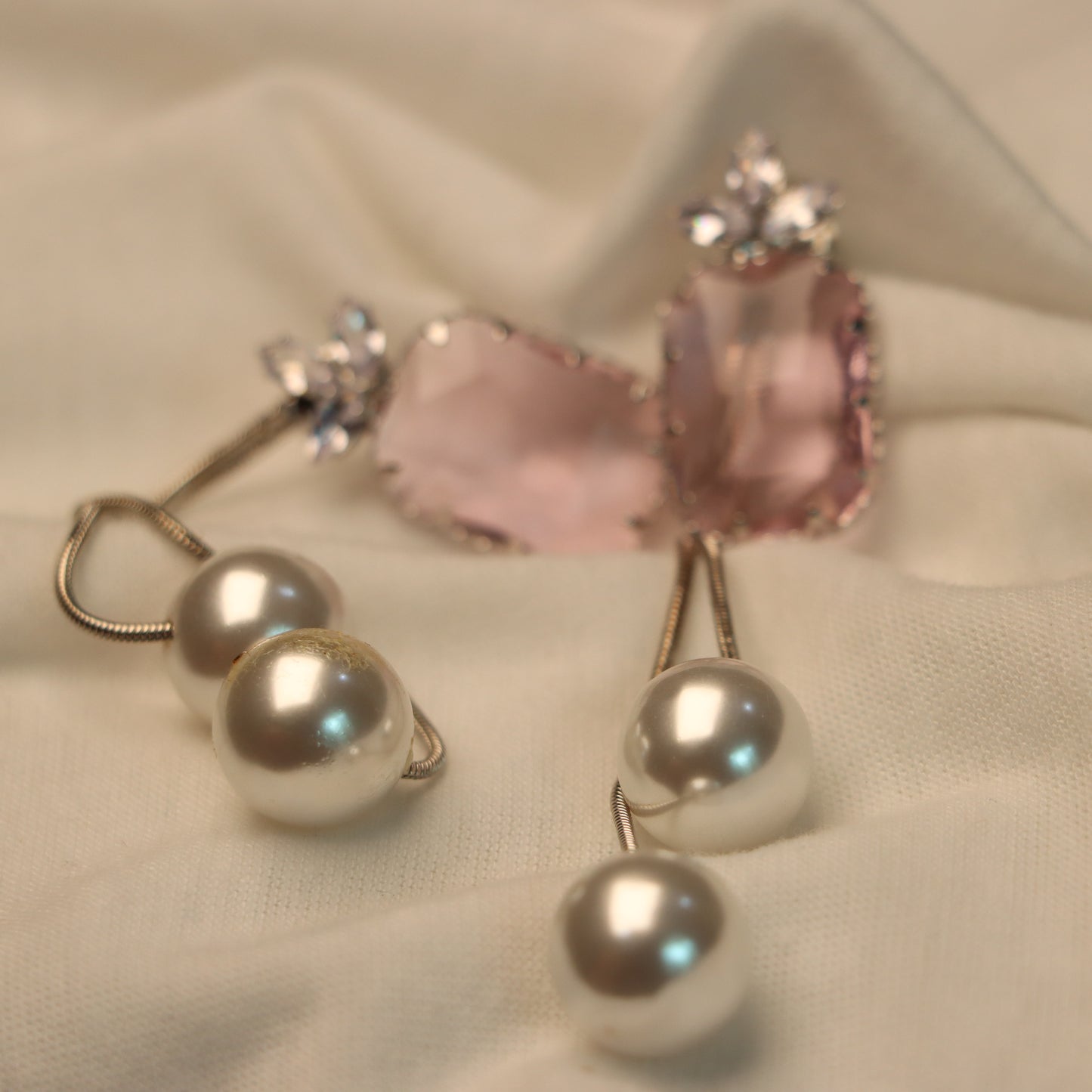 Pink Stone Cut with White Pearl Earrings