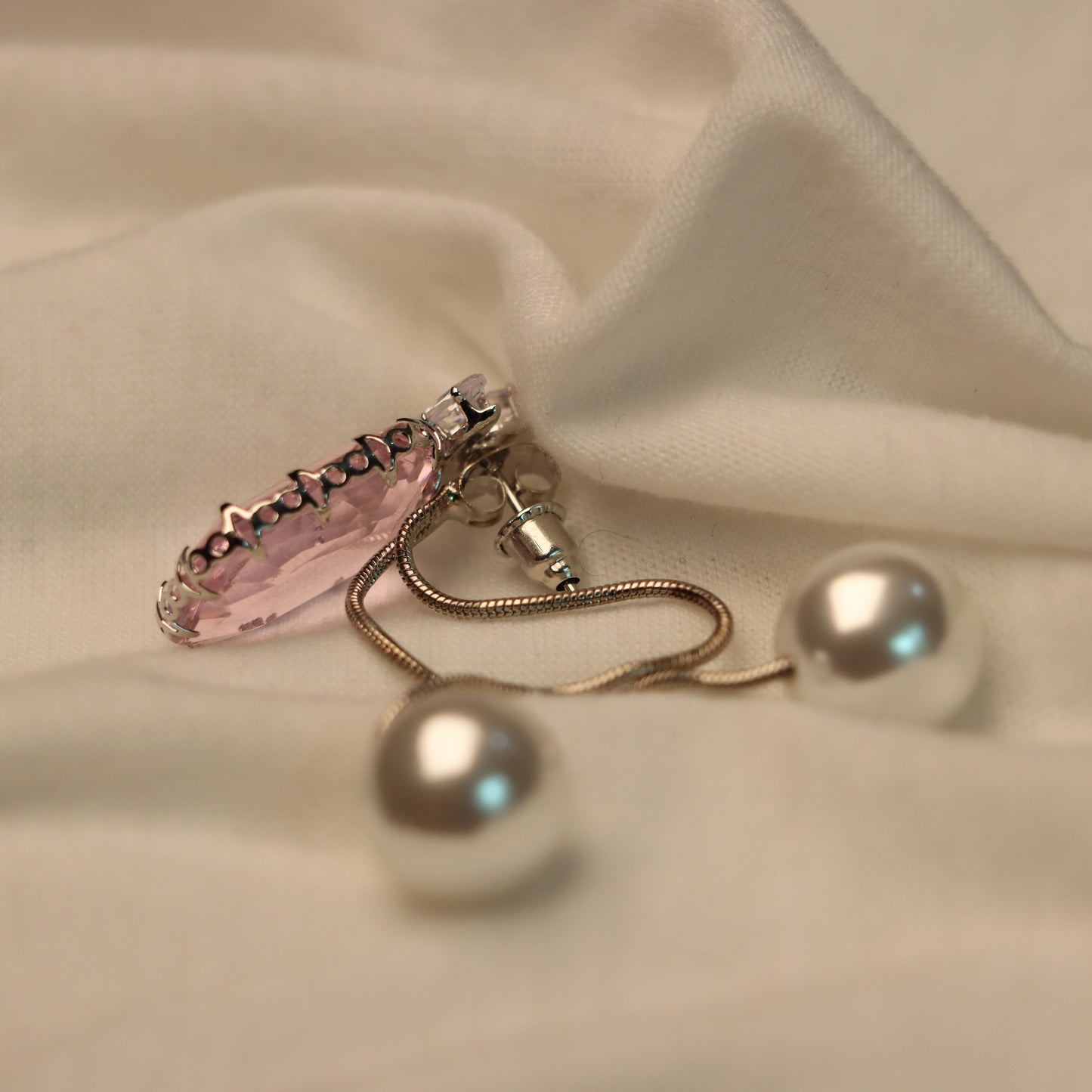 Pink Stone Cut with White Pearl Earrings