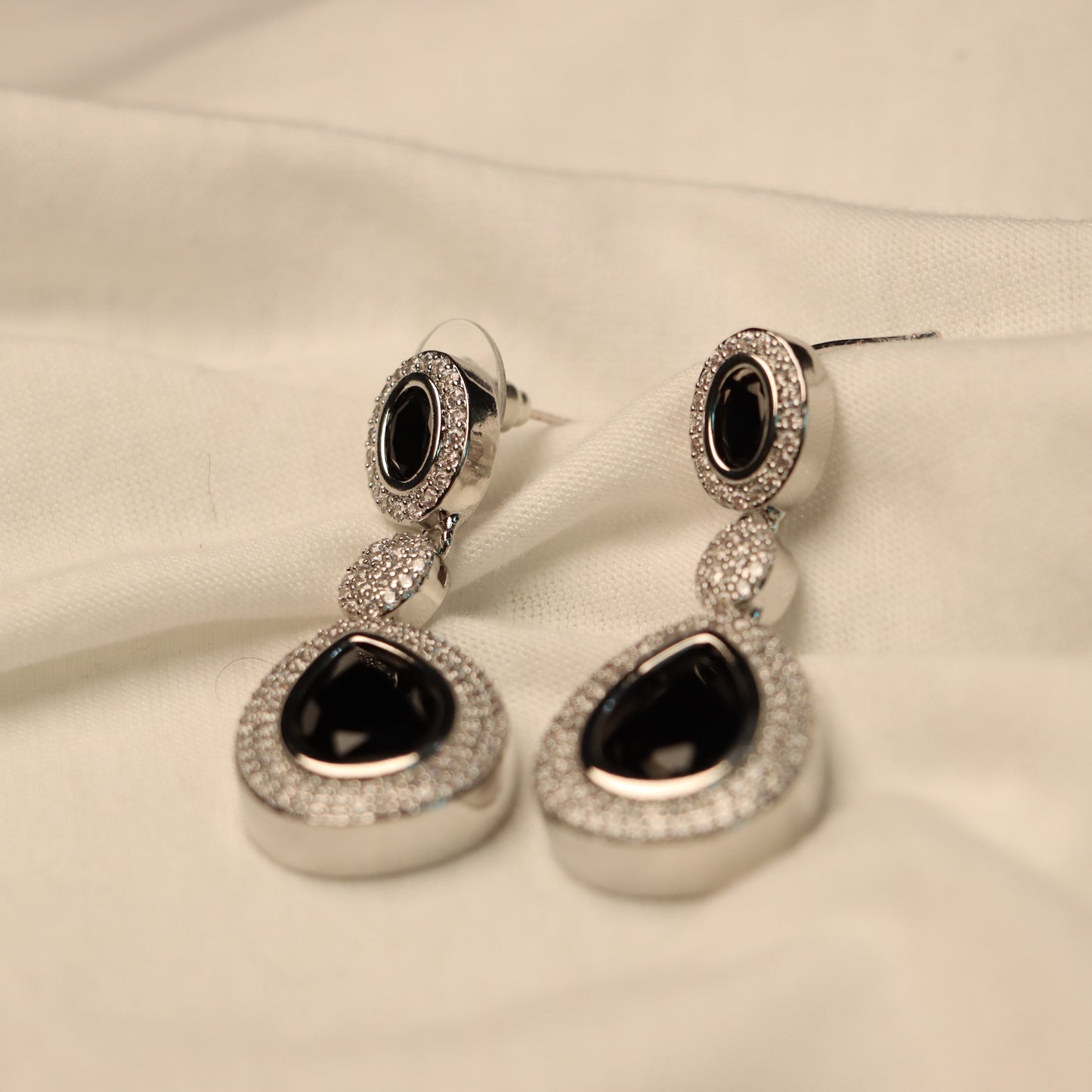Black Teardrop Silver Border Dangle Earrings
