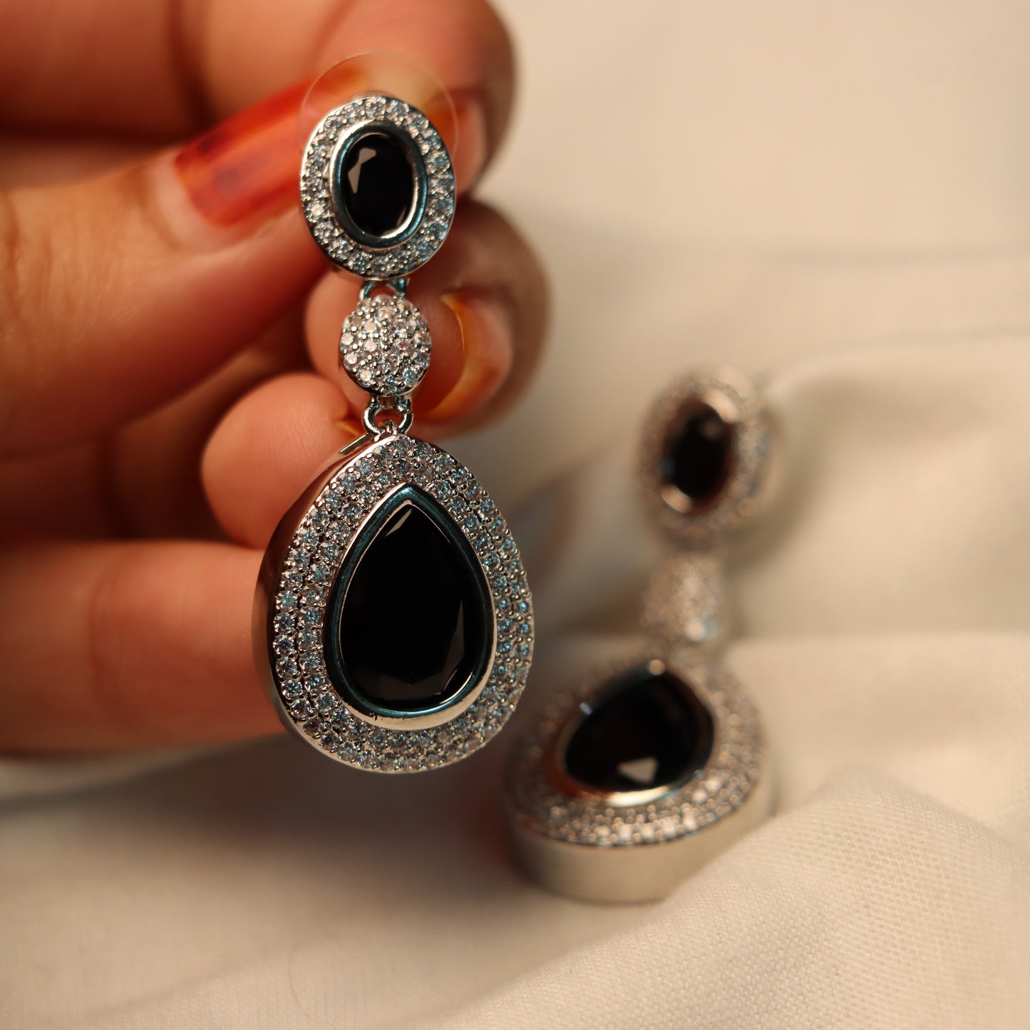 Black Teardrop Silver Border Dangle Earrings