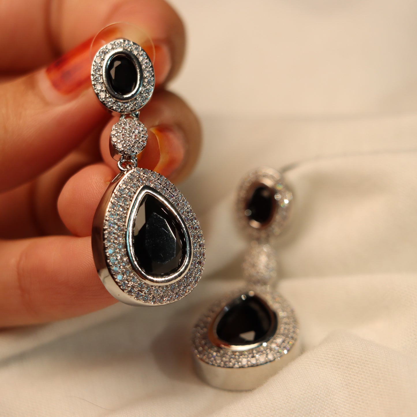 Black Teardrop Silver Border Dangle Earrings