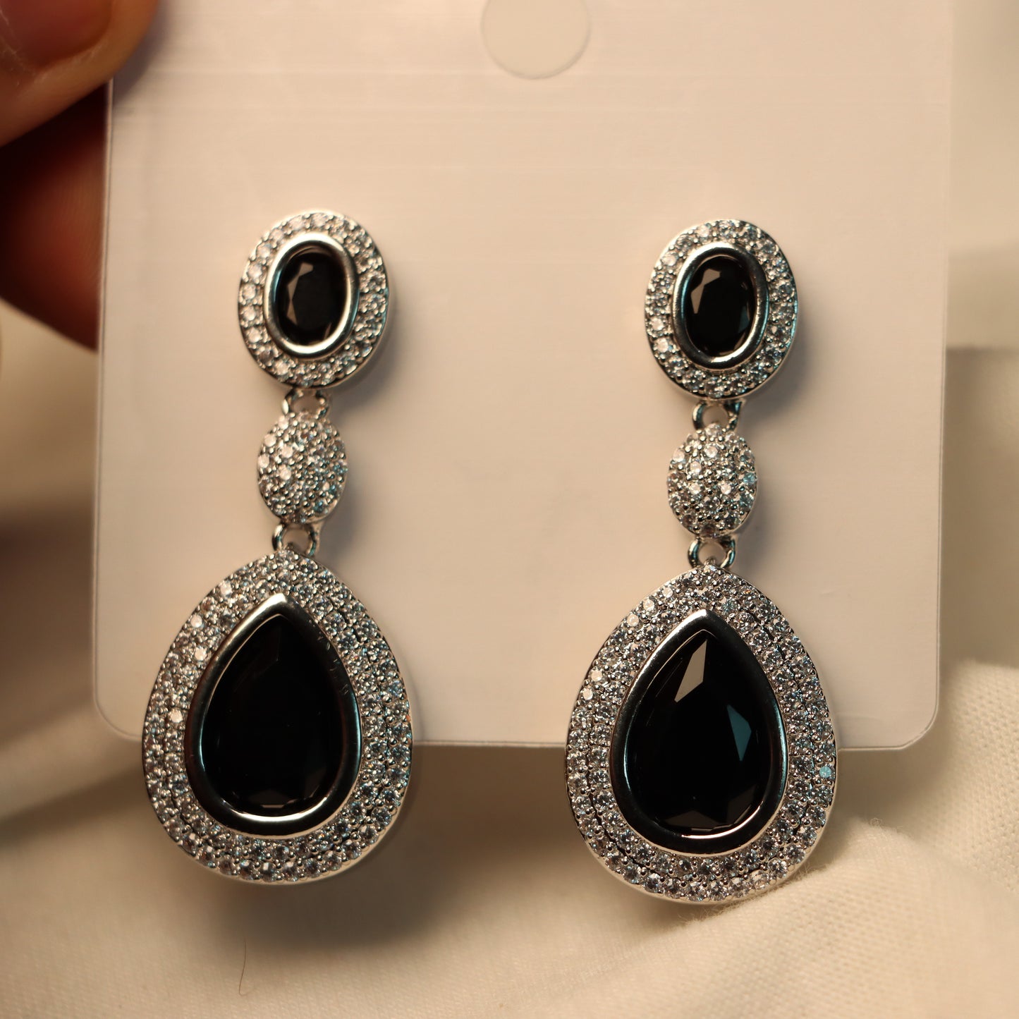 Black Teardrop Silver Border Dangle Earrings