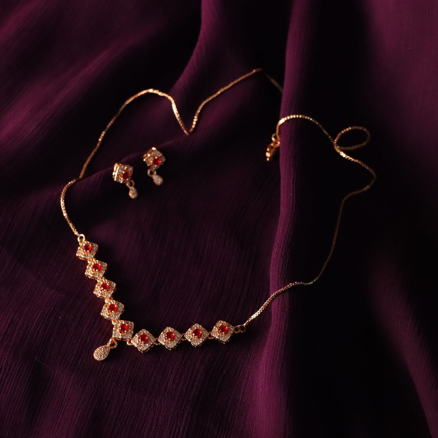 Red Gemstones Golden Necklace with Earrings