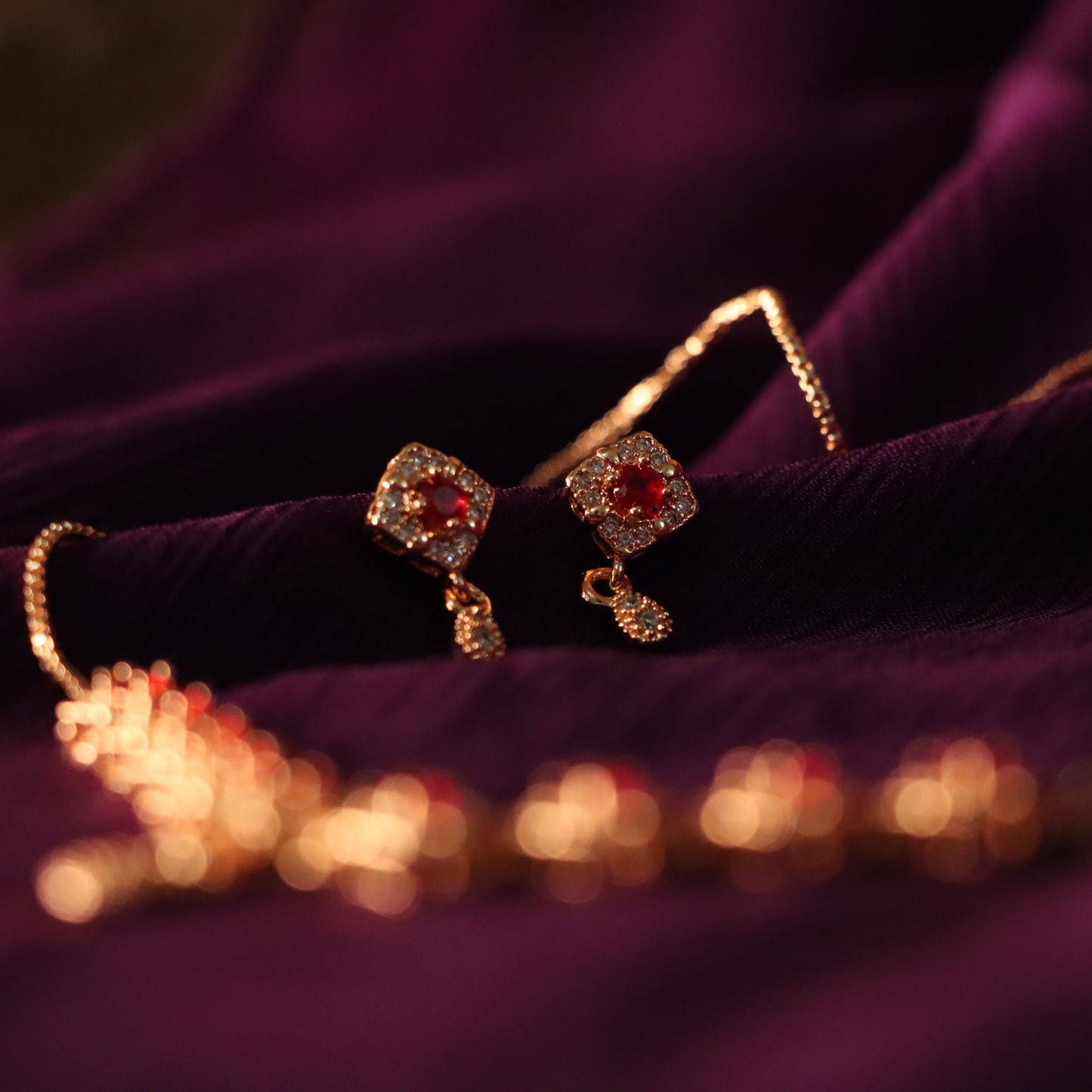 Red Gemstones Golden Necklace with Earrings