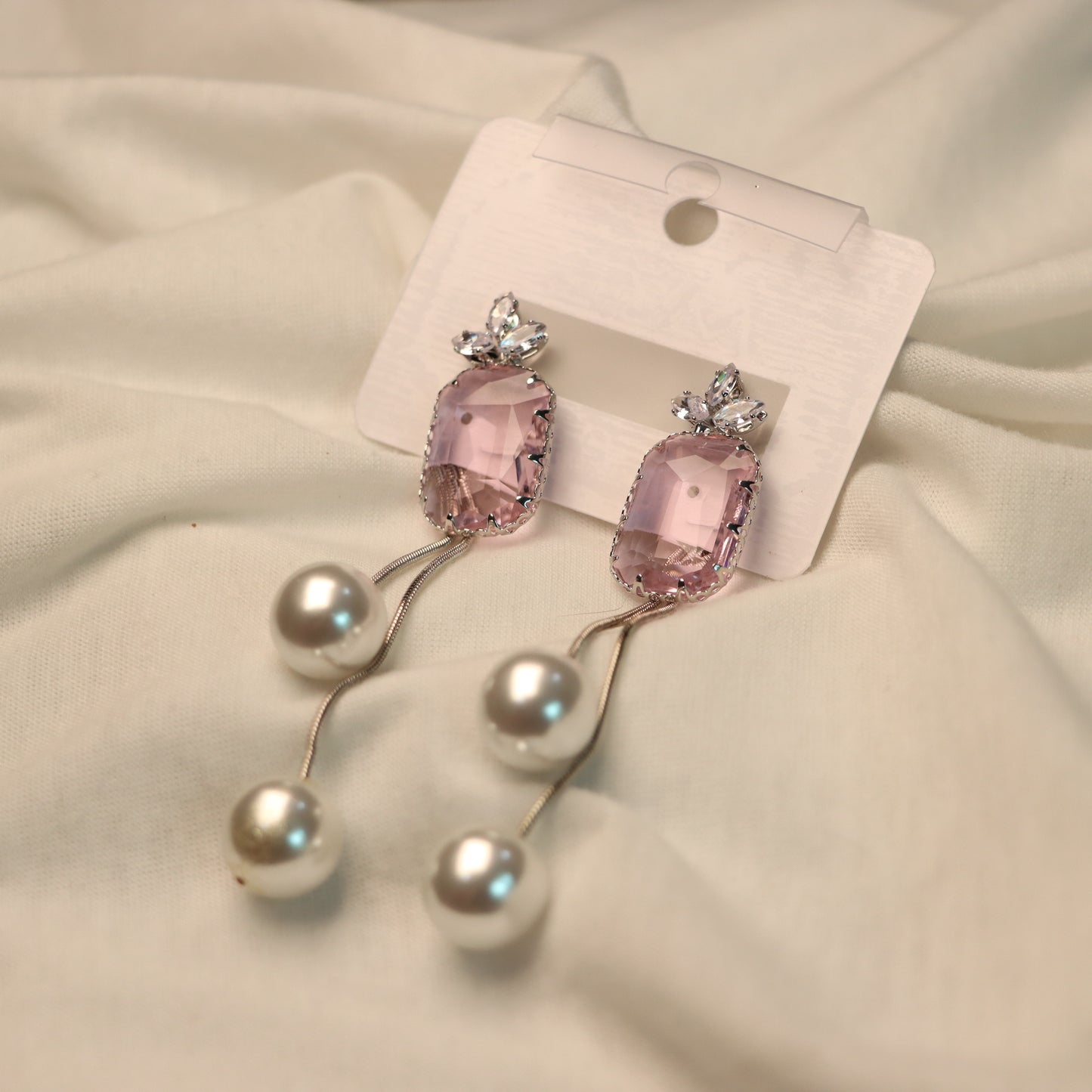 Pink Stone Cut with White Pearl Earrings