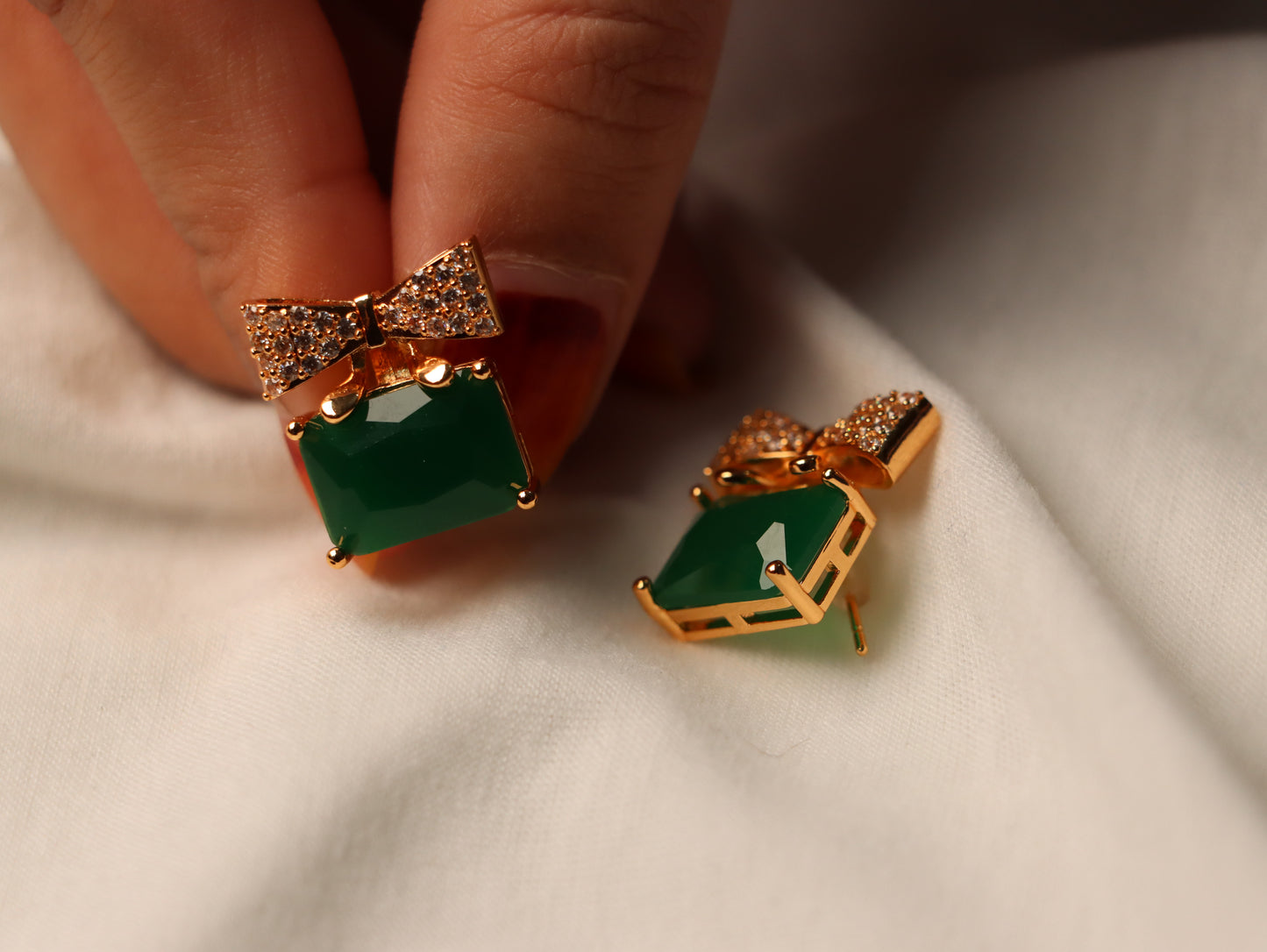 Green Stone with Golden Bow Earrings - Best for Party and Office Wear