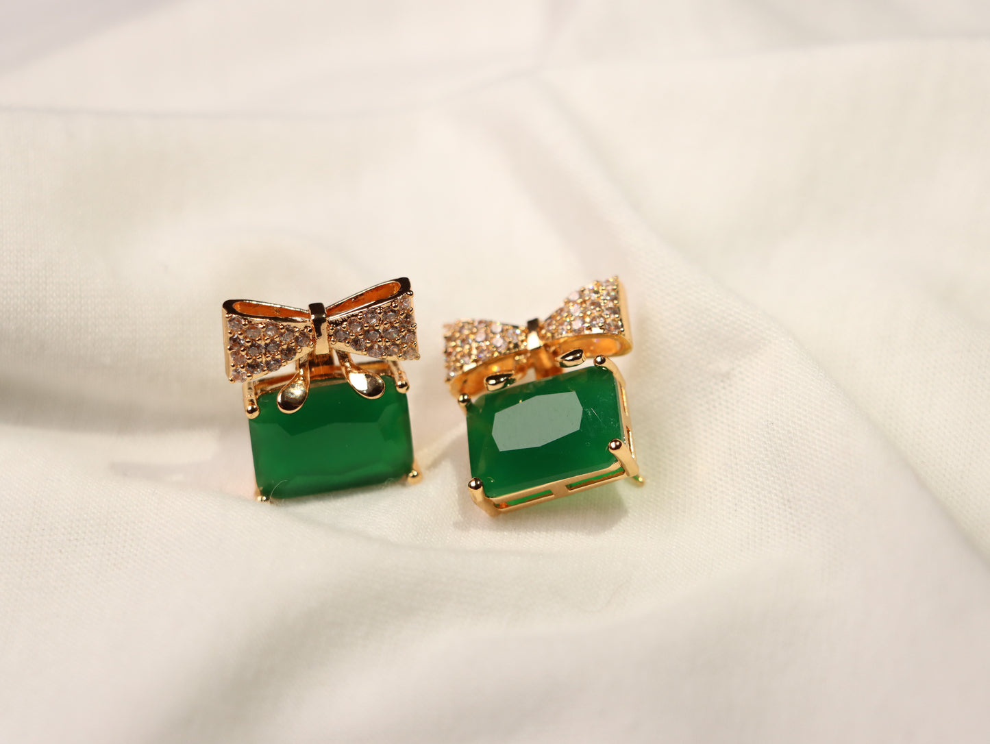 Green Stone with Golden Bow Earrings - Best for Party and Office Wear