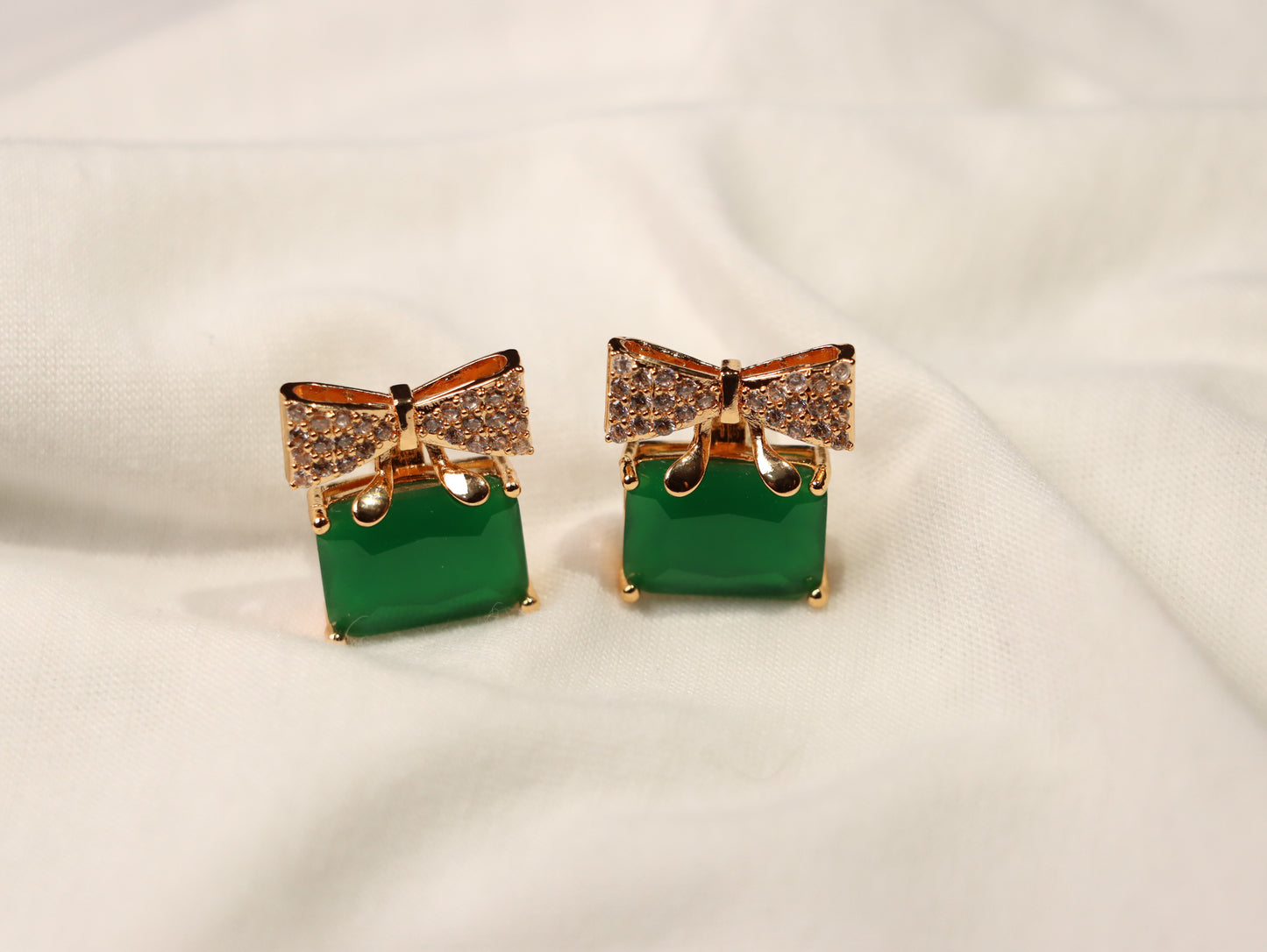 Green Stone with Golden Bow Earrings - Best for Party and Office Wear