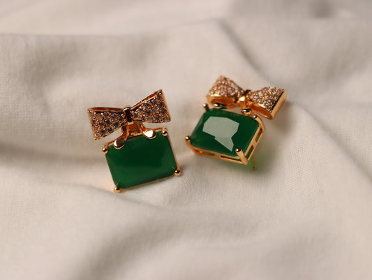 Green Stone with Golden Bow Earrings - Best for Party and Office Wear