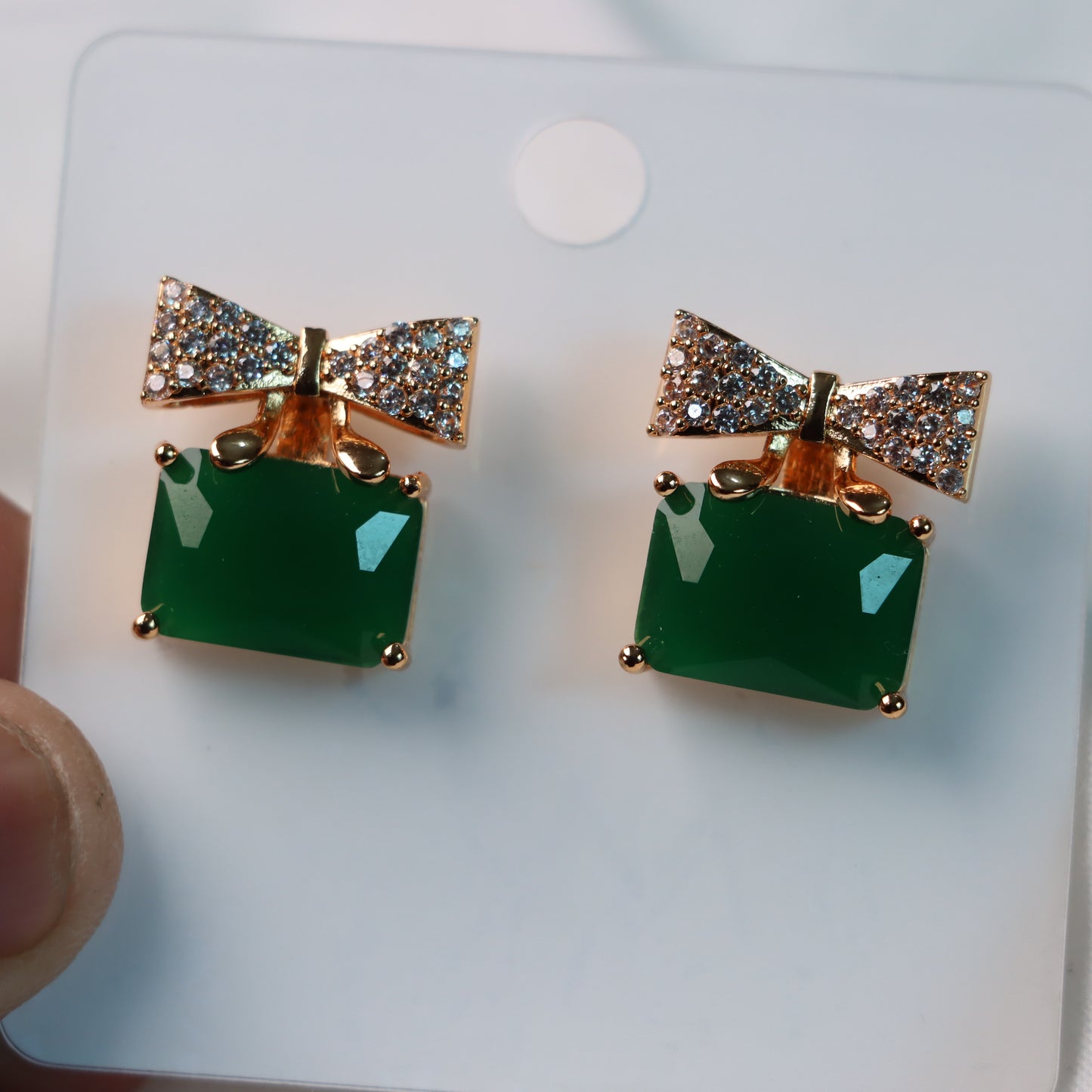 Green Stone with Golden Bow Earrings - Best for Party and Office Wear