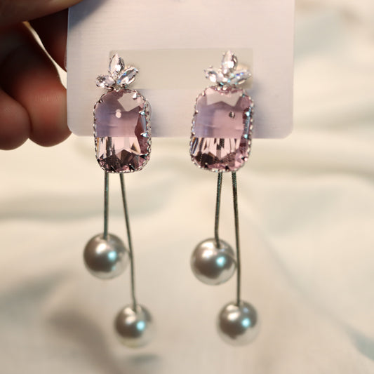 Pink Stone Cut with White Pearl Earrings