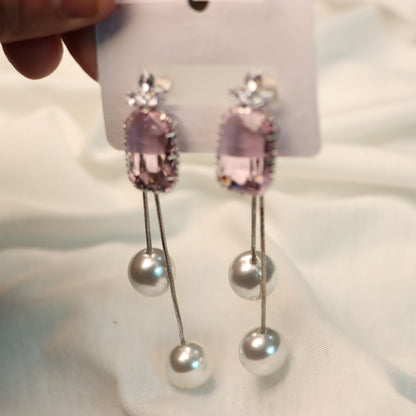 Pink Stone Cut with White Pearl Earrings