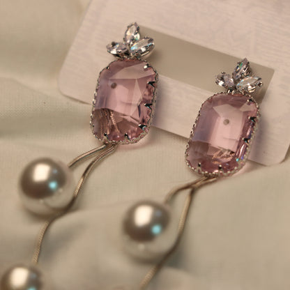 Pink Stone Cut with White Pearl Earrings