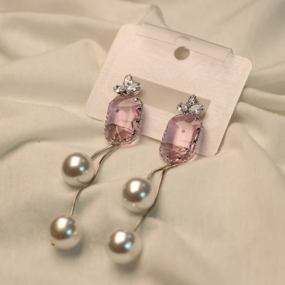 Pink Stone Cut with White Pearl Earrings