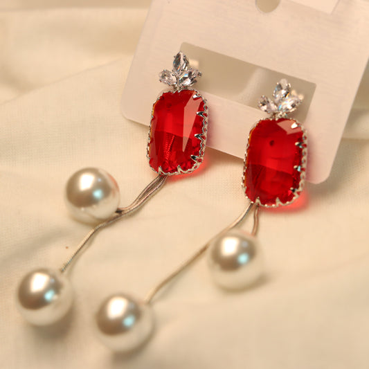 Red Stone Cut with White Pearl Earrings