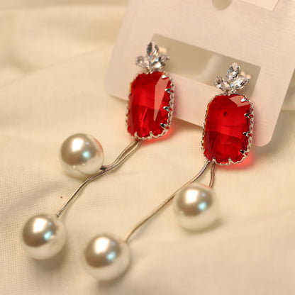 Red Stone Cut with White Pearl Earrings