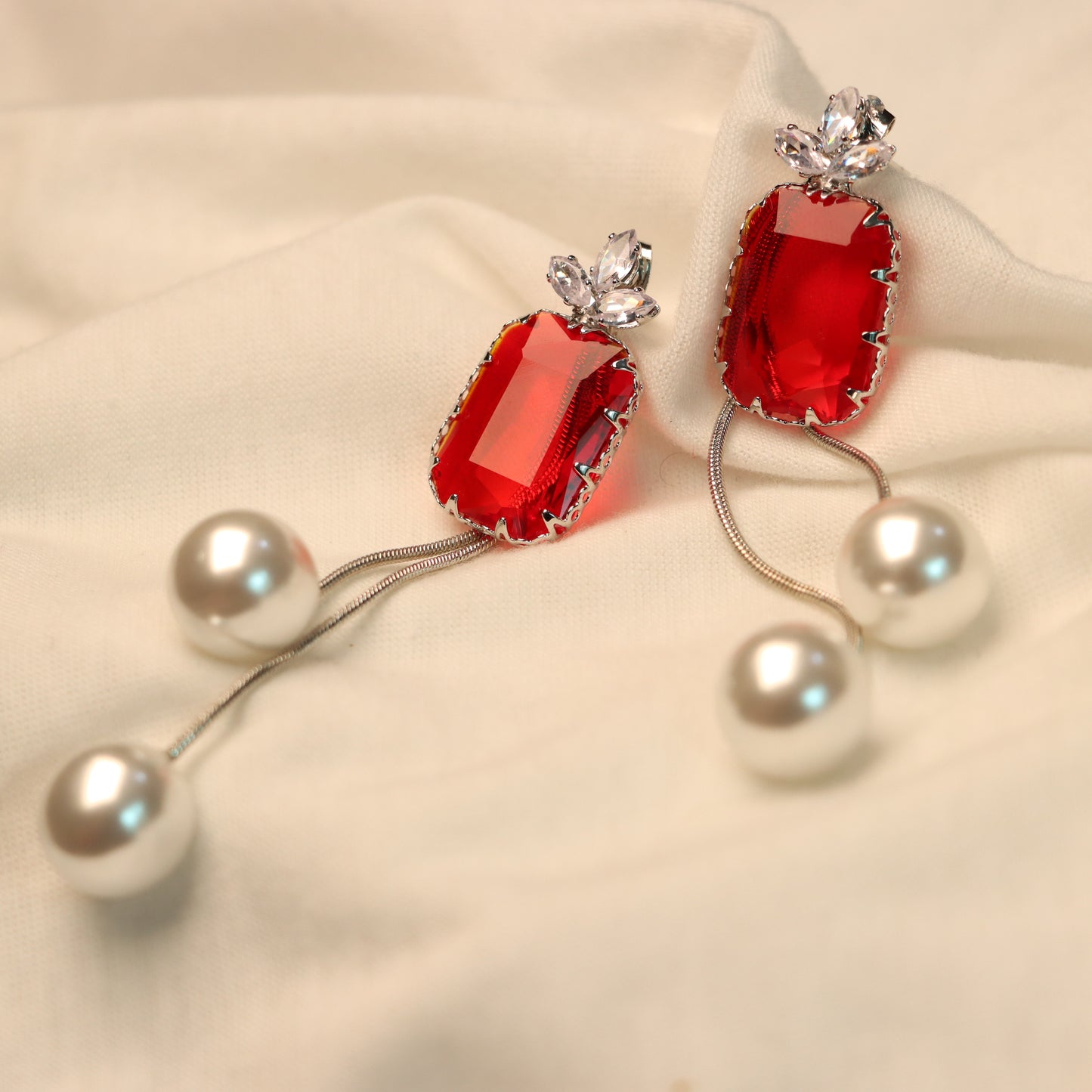 Red Stone Cut with White Pearl Earrings
