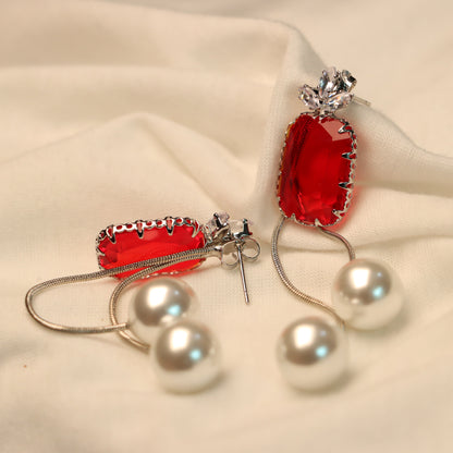 Red Stone Cut with White Pearl Earrings