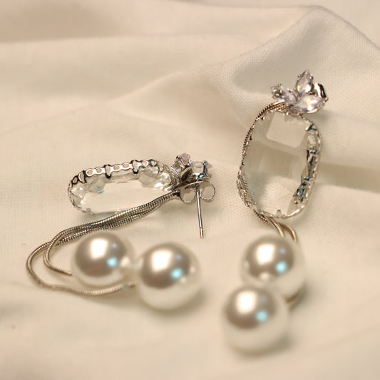 White Diamond Cut with White Pearl Earrings