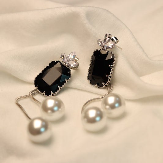 Black Diamond Cut with White Pearl Dangle Earrings