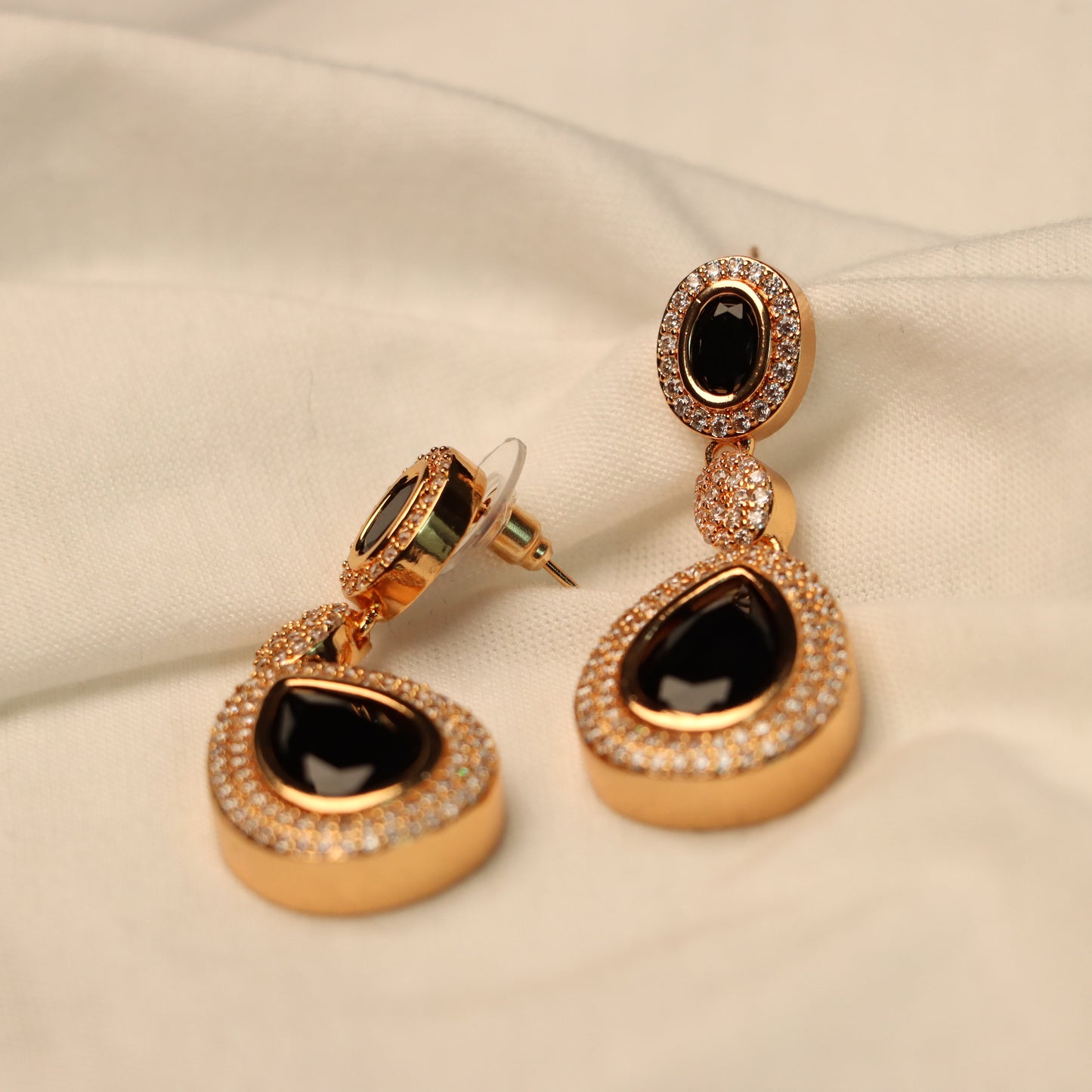 Black Teardrop with Golden Border Dangle Earrings