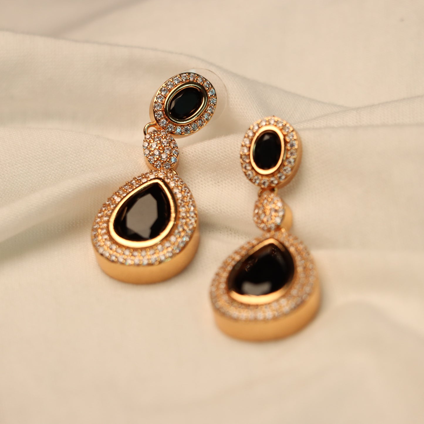 Black Teardrop with Golden Border Dangle Earrings