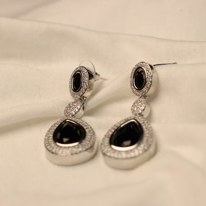 Black Teardrop Silver Border Dangle Earrings