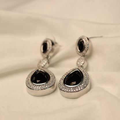 Black Teardrop Silver Border Dangle Earrings
