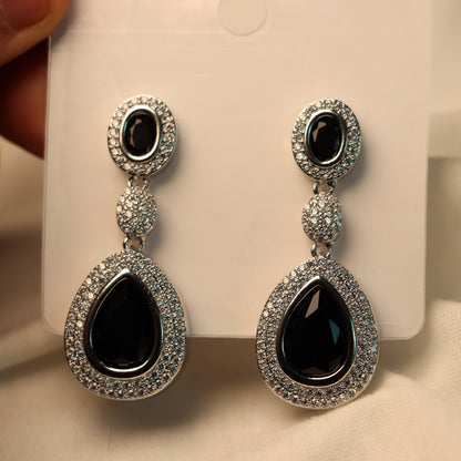 Black Teardrop Silver Border Dangle Earrings