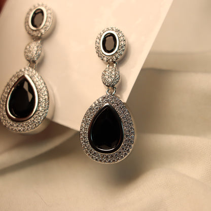 Black Teardrop Silver Border Dangle Earrings