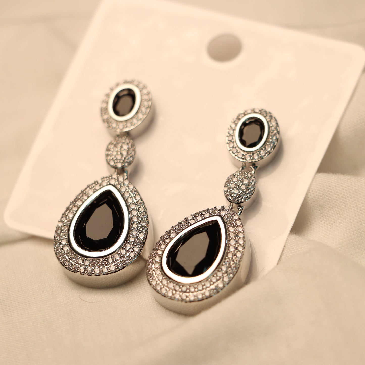 Black Teardrop Silver Border Dangle Earrings