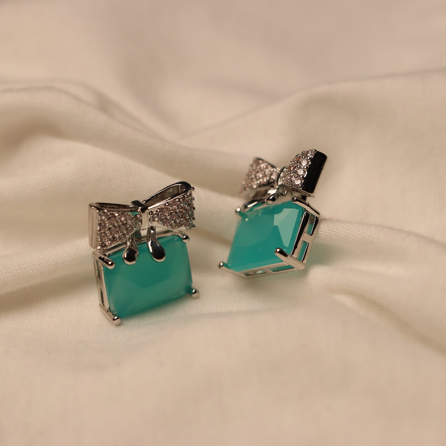 Teal Gemstone with Silver Bow Earrings