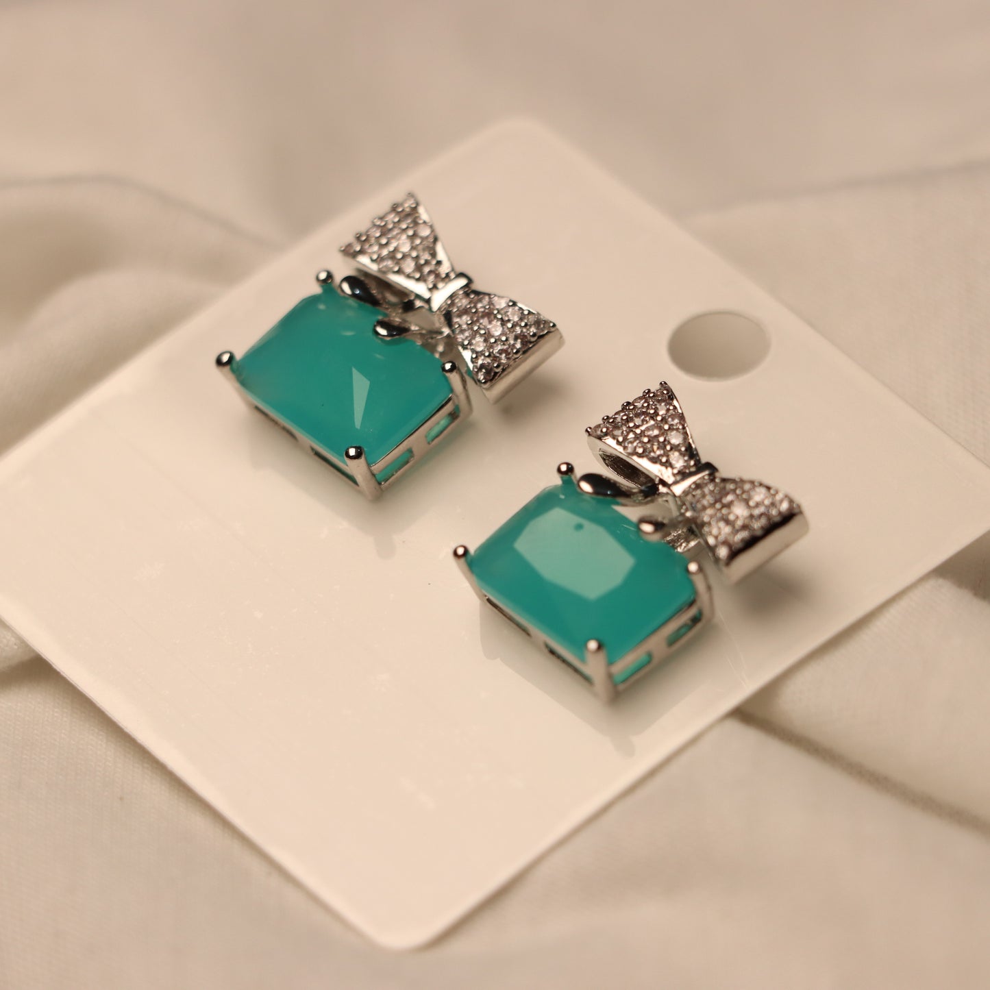 Teal Gemstone with Silver Bow Earrings