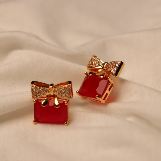 Red Stone with Golden Bow Earrings