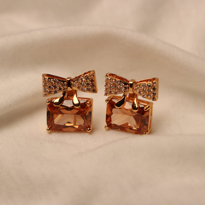 Brown Stone with Golden Bow Earings
