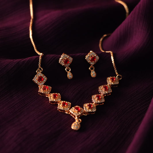 Red Gemstones Golden Necklace with Earrings