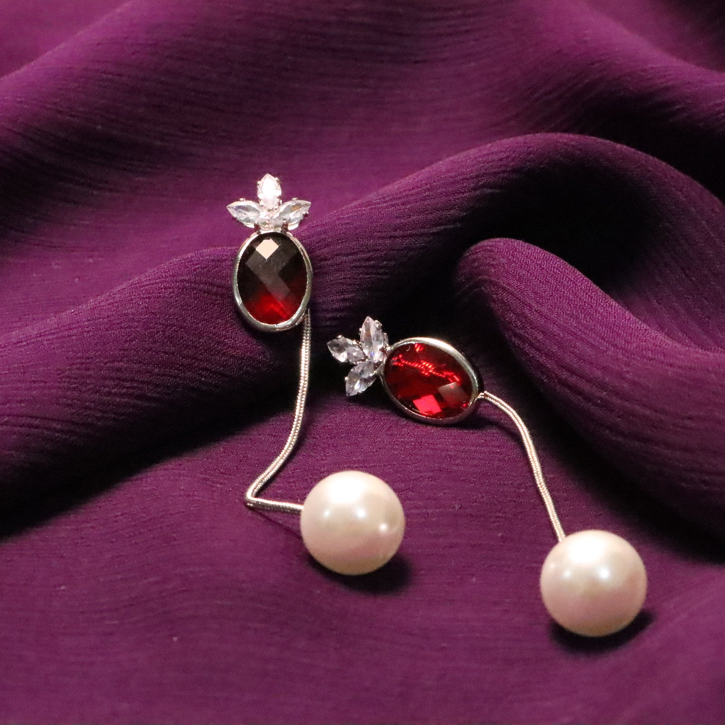Red Gemstone with White Pearl Earrings