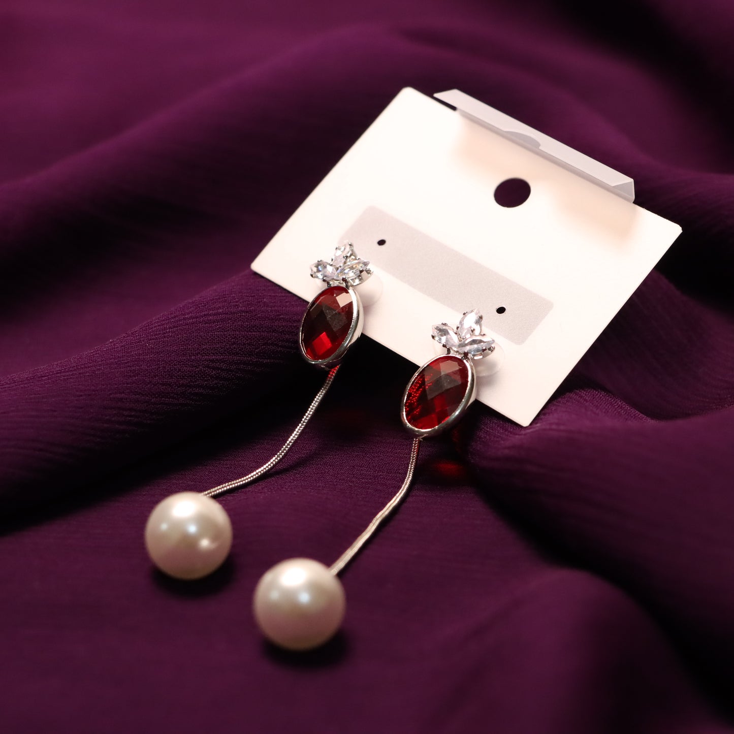 Red Gemstone with White Pearl Earrings