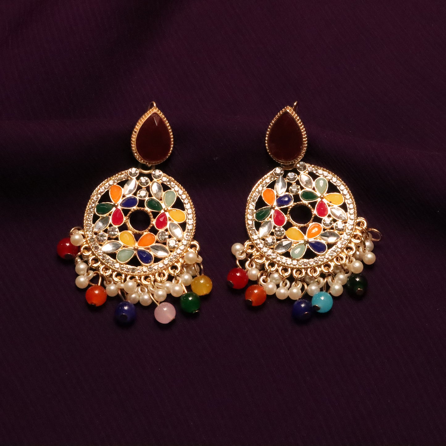 Multicolor Jhumke with Teardrop Gemstone