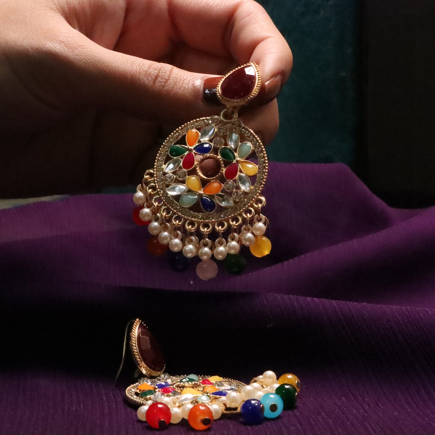 Multicolor Jhumke with Teardrop Gemstone