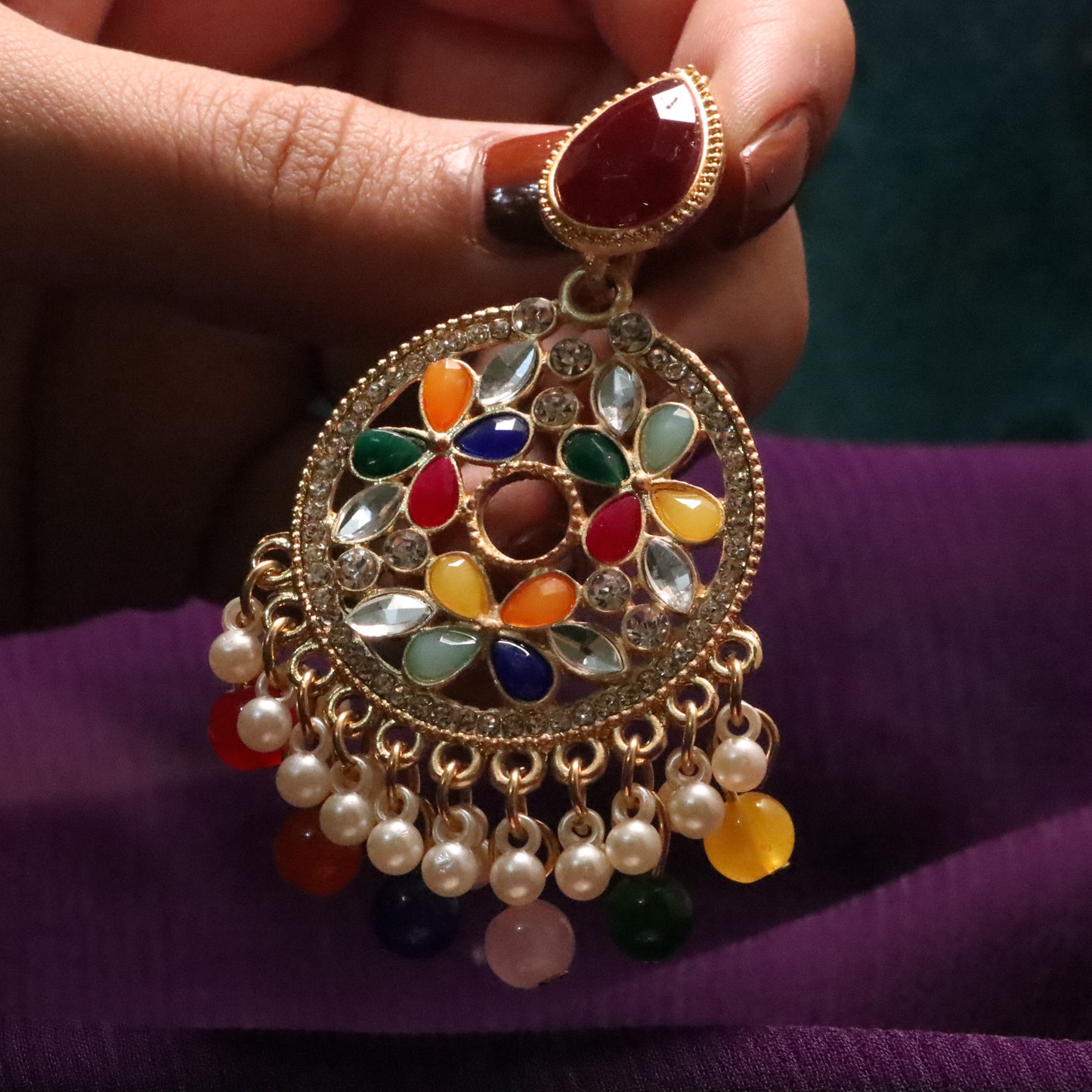 Multicolor Jhumke with Teardrop Gemstone