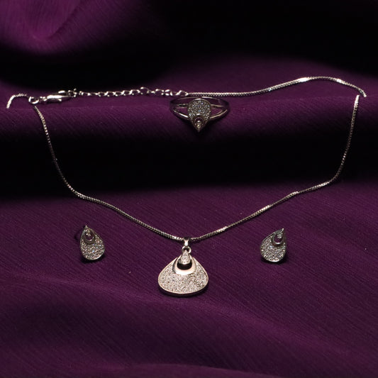 Silver Pendant Necklace with Ring & Earrings