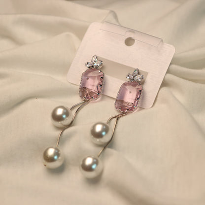 Pink Stone Cut with White Pearl Earrings